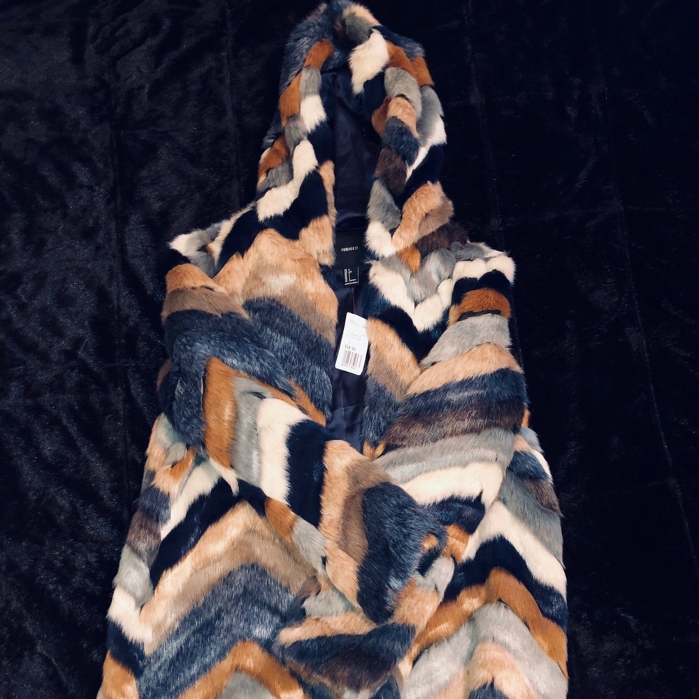 Multicolored faux fur hooded coat